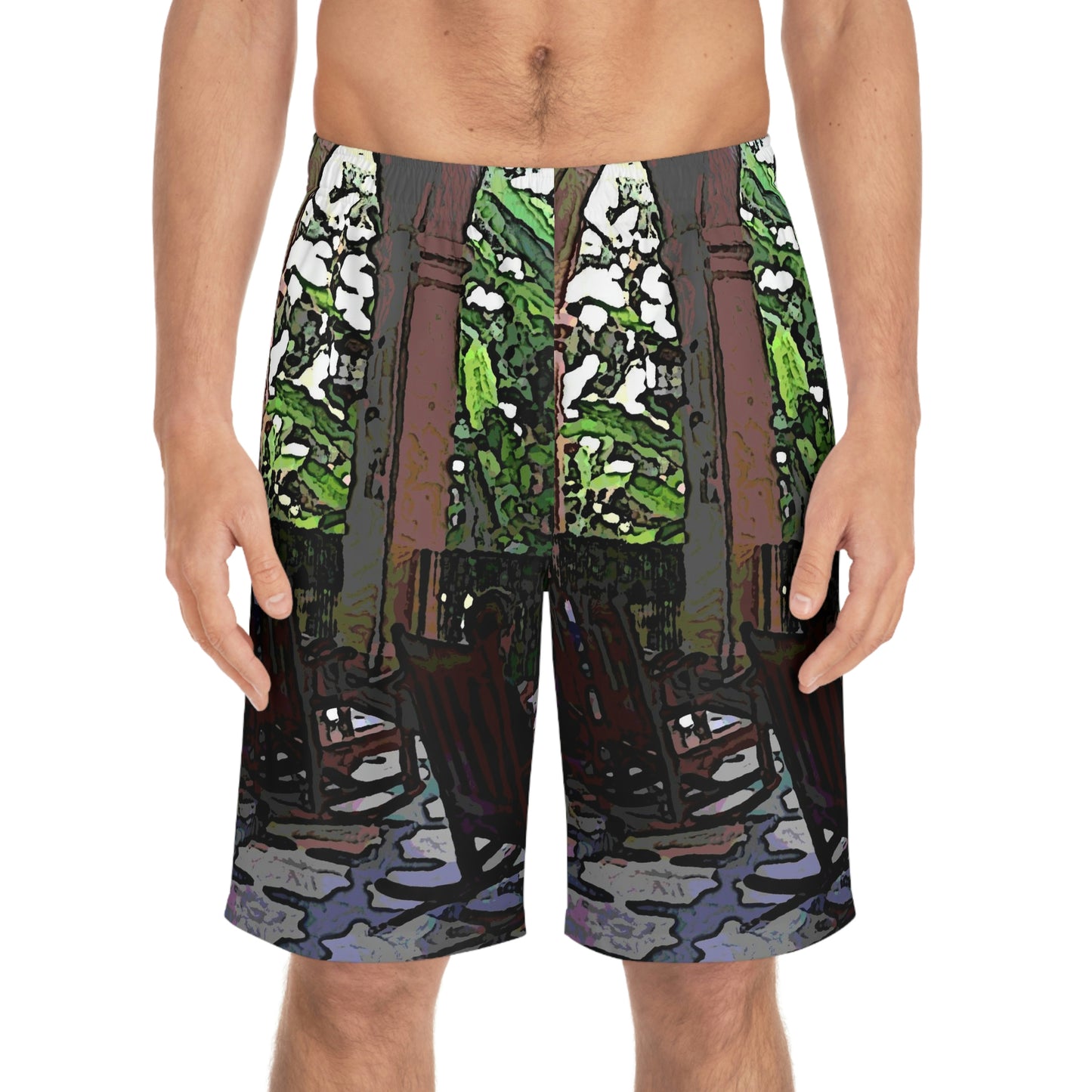 Men's Board Shorts (AOP) ... Lanai & Rocking Chairs At: 'The Pink Palace' ... The Royal Hawai'ian ... Honolulu, HI ... '27Oct2014' ... Original Works ...
