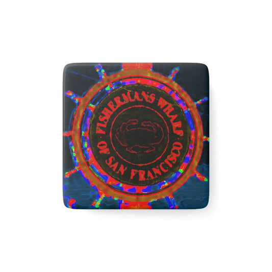 Porcelain Magnet, Square ... "No.9 Fishermen's Grotto - Fishermen's Wharf, SF, California" ... Family Archives: 1970's ... Original Works ...