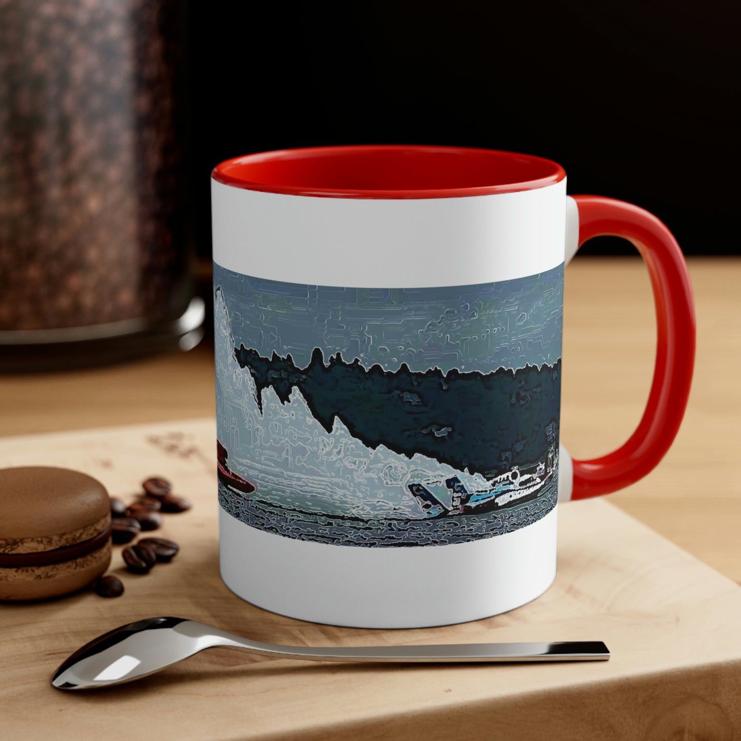 Accent Coffee Mug, 11oz ... Seattle Columbia Cup On Lake Washington ... "Dave Wilcox Heads For The Win" ... Associate Gift-Photo ... Original Works ...