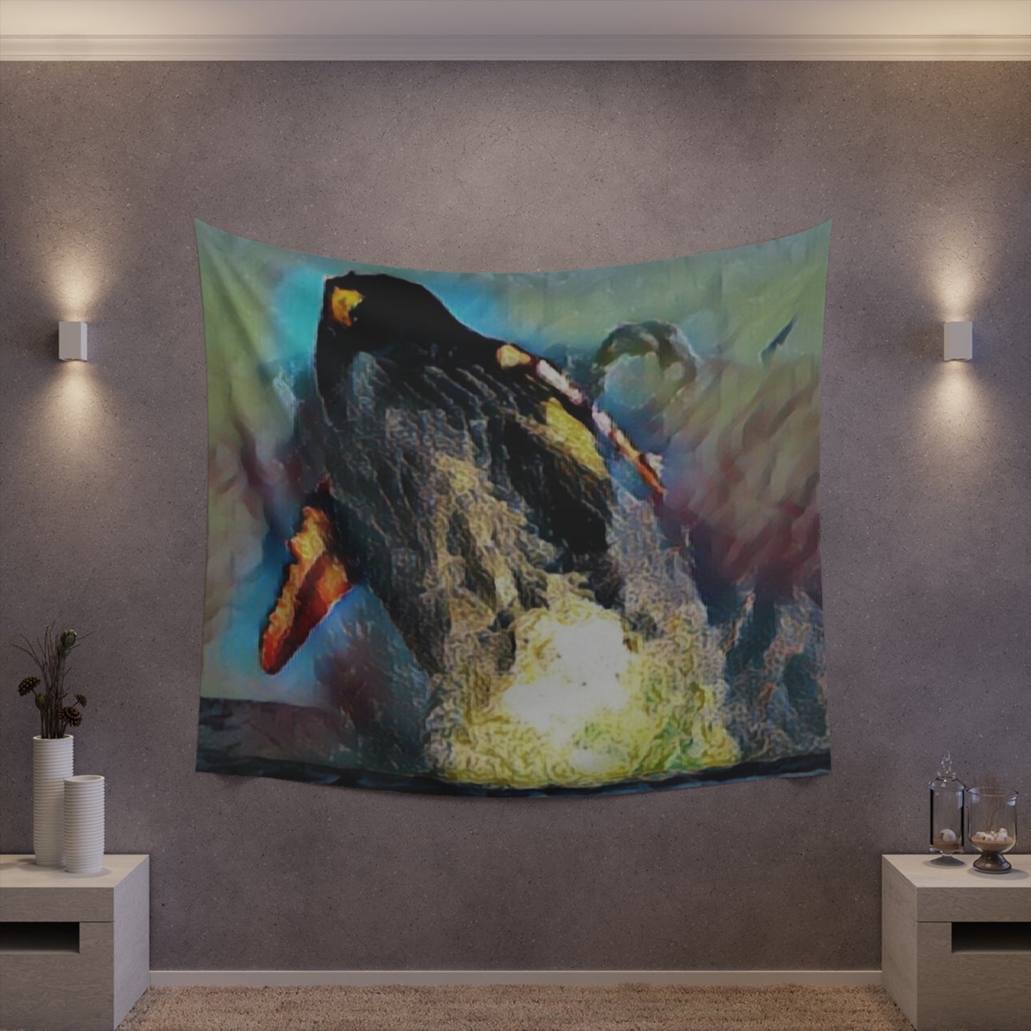 Printed Wall Tapestry ... An Extraordinary Humpback Breach ... 'With Explosive Energy' ... Family Archives (KPH) ... Circa: 21st Century. Maui, HI ... Original Works ...