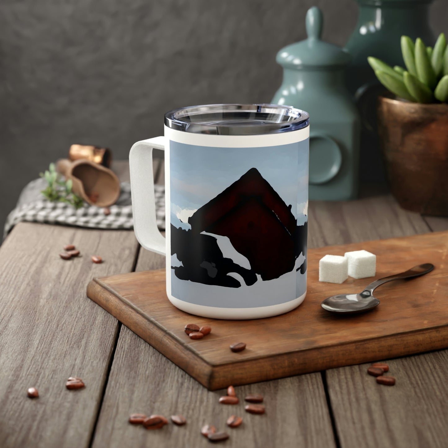 Insulated Coffee Mug, 10oz ... After An Intense Snow Storm ... 'Digging Out' ... A Vehicle & Cabin "In The Mountains" ... March 2023 ... Original Works ...