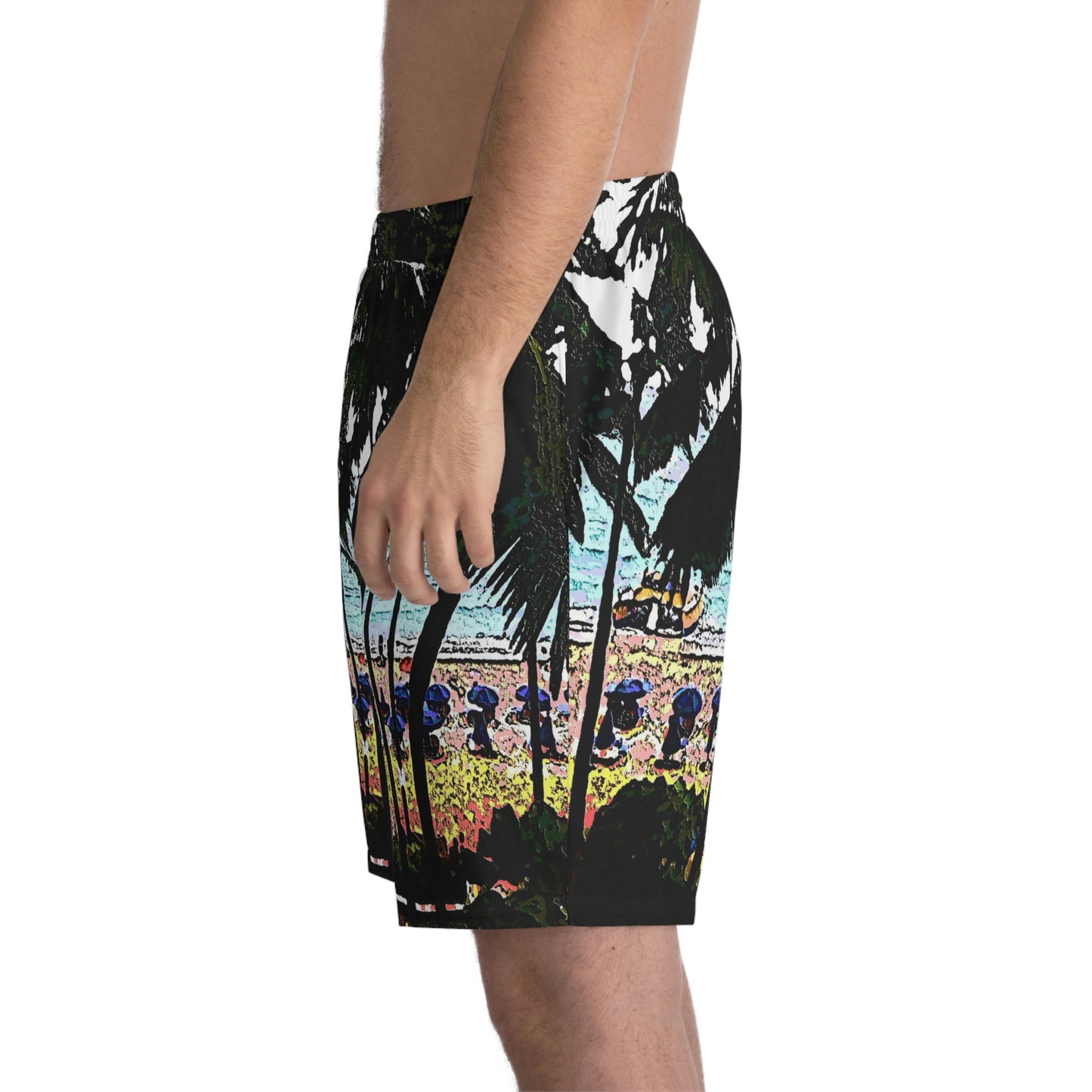 Men's Elastic Beach Shorts (AOP) ...  "A Beautiful Beach Amongst The Palms" ... The Outrigger Waikiki, Honolulu, Oahu ... Original Works ...