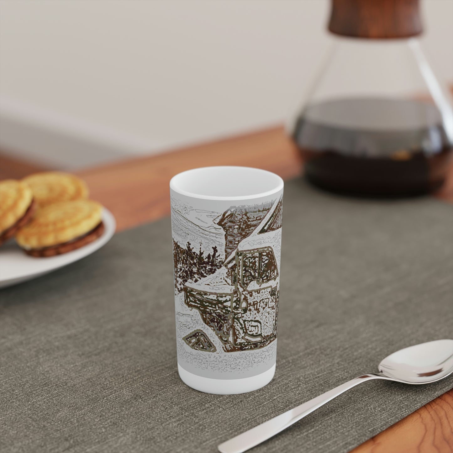 Conical Coffee Mugs (3oz, 8oz, 12oz) ... After An Intense Snow Storm ... 'Digging Out' ... A Vehicle & Cabin "In The Mountains" ... March 2023 ... Original Works ...
