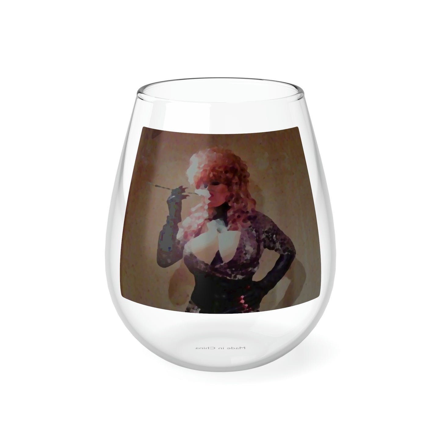 Stemless Wine Glass, 11.75oz ...  A Colleague Overseas ... 'Enjoying A Fag' ... Original Works ... "April Fools 2023" ... Hot-Tranny-Smoke ...