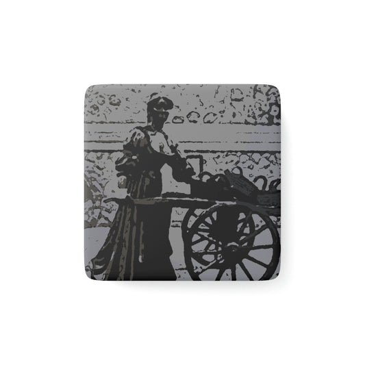 Porcelain Magnet, Square ... Dublin's "Molly Malone Along Grafton Street" ... Cryin' Cockels & Muscles Alive-Alive-Oh ... Circa 2003 ... Original Works ...