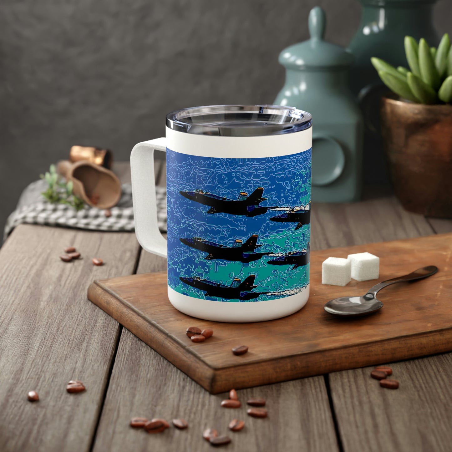 Insulated Coffee Mug, 10oz  ... Seattle Seafair ..."Blue Angels Run Over Lake Washington" ... Circa Mid 1980's ... Dr FJ Holt ... Original Works ...
