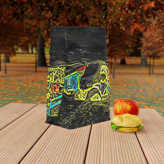 Polyester Lunch Bag ... "Snow Vehicle In Snow Storm At-Rest" ... Circa 12Mar23 ... Central Idaho ... 18-Hours Rendering Time: Original Works ...