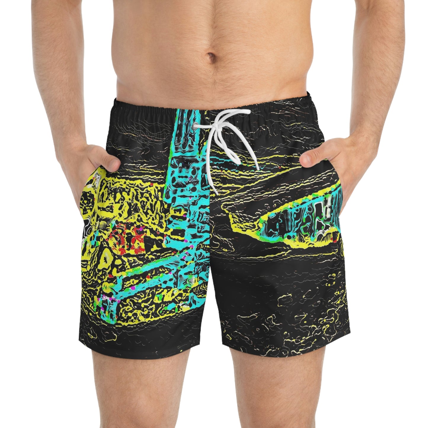 Swim Trunks (AOP) ... "Snow Vehicle In Snow Storm At-Rest" ... Circa 12Mar23 ... Central Idaho ... 18-Hours Rendering Time: Original Works ...