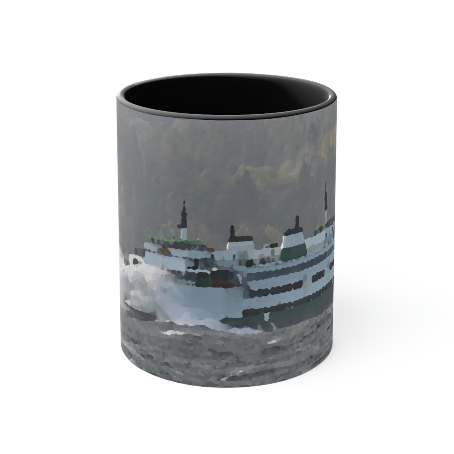 Accent Coffee Mug, 11oz ... WADOT Ferry Crossing ... "A Very Rough Day" ... Mulkiteo Route ... Family Archives ... Early 1990's' ... Original Works ...
