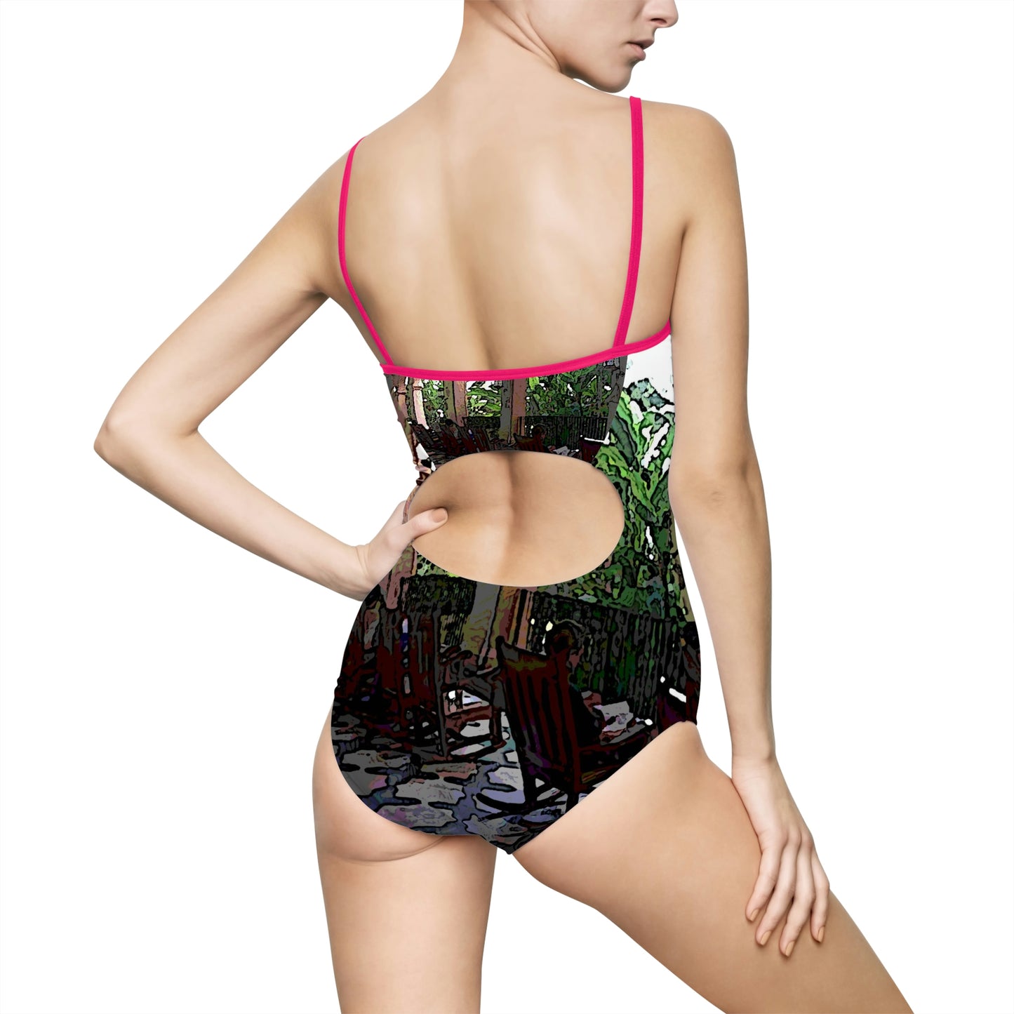 Women's One-piece Swimsuit ... Lanai & Rocking Chairs At: 'The Pink Palace' ... The Royal Hawai'ian ... Honolulu, HI ... '27Oct2014' ... Original Works ...