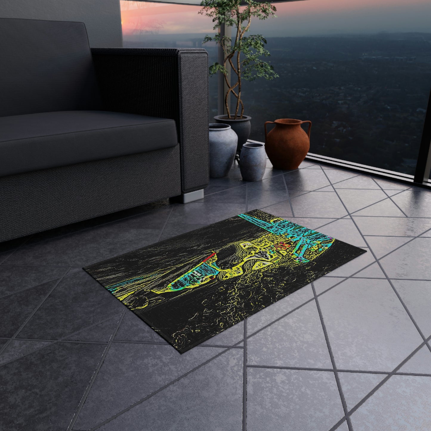Outdoor Rug ... "Snow Vehicle In Snow Storm At-Rest" ... Circa 12Mar23 ... Central Idaho ... 18-Hours Rendering Time: Original Works ...