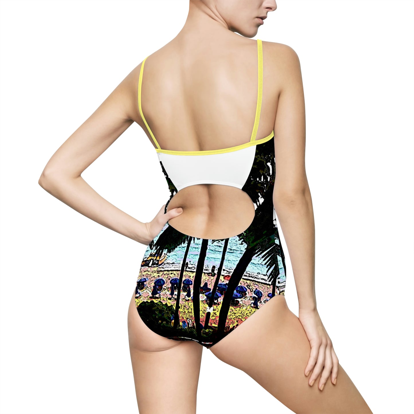 Women's One-piece Swimsuit ...  "A Beautiful Beach Amongst The Palms" ... The Outrigger Waikiki, Honolulu, Oahu ... Original Works ...