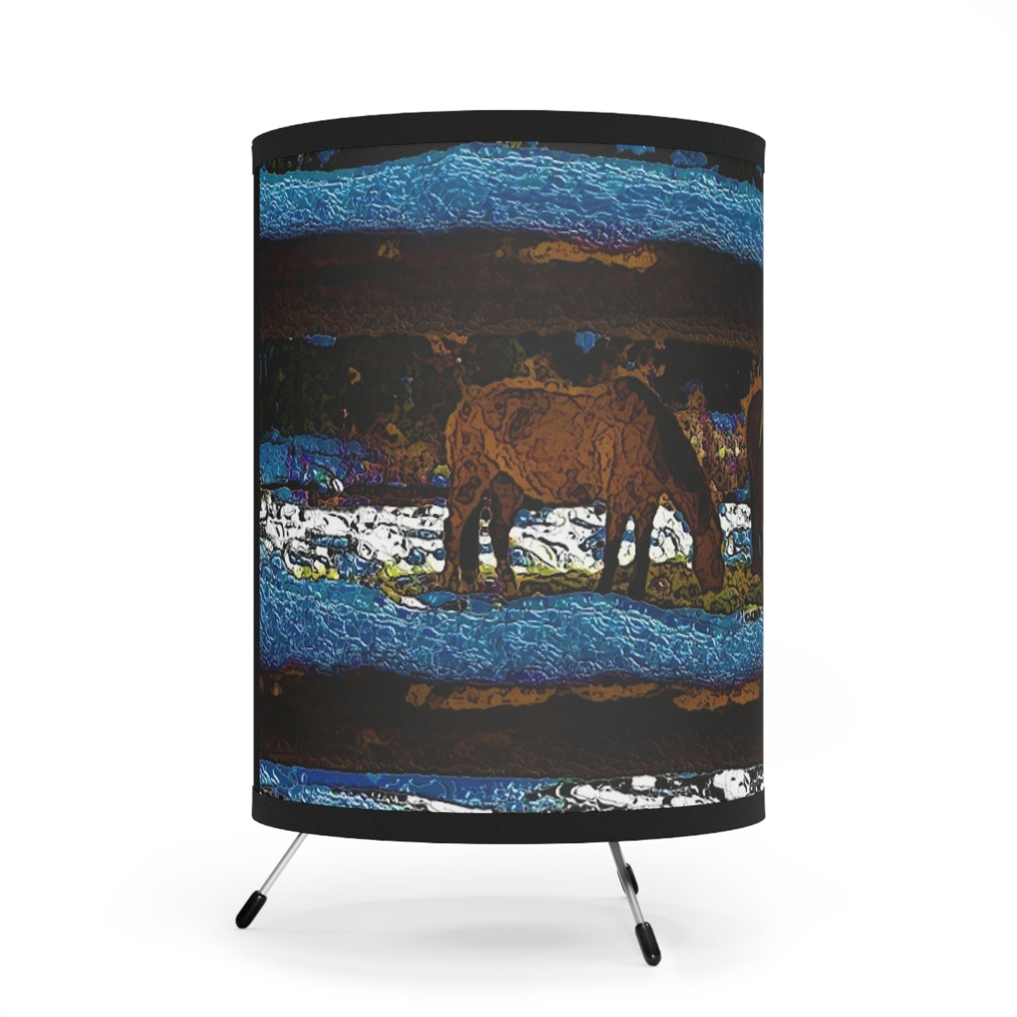 Tripod Lamp with High-Res Printed Shade, US\CA plug ...  A Horse ... A Saddle ...  Foraging Through The Snow ...  An_Asses 'Cry' ... Central Idaho, November 2022 ...  Original Works ..
