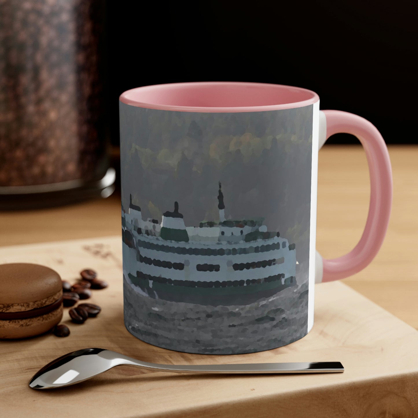 Accent Coffee Mug, 11oz ... WADOT Ferry Crossing ... "A Very Rough Day" ... Mulkiteo Route ... Family Archives ... Early 1990's' ... Original Works ...