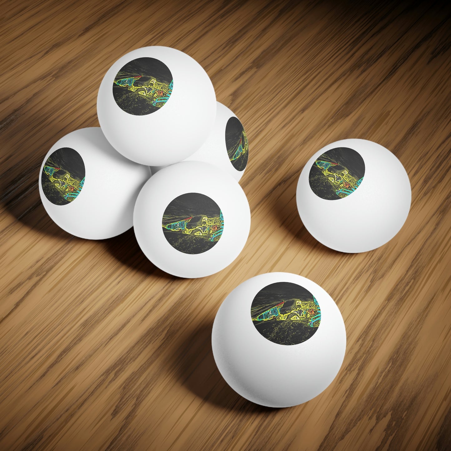 Ping Pong Balls, 6 pcs ... "Snow Vehicle In Snow Storm At-Rest" ... Circa 12Mar23 ... Central Idaho ... 18-Hours Rendering Time: Original Works ...