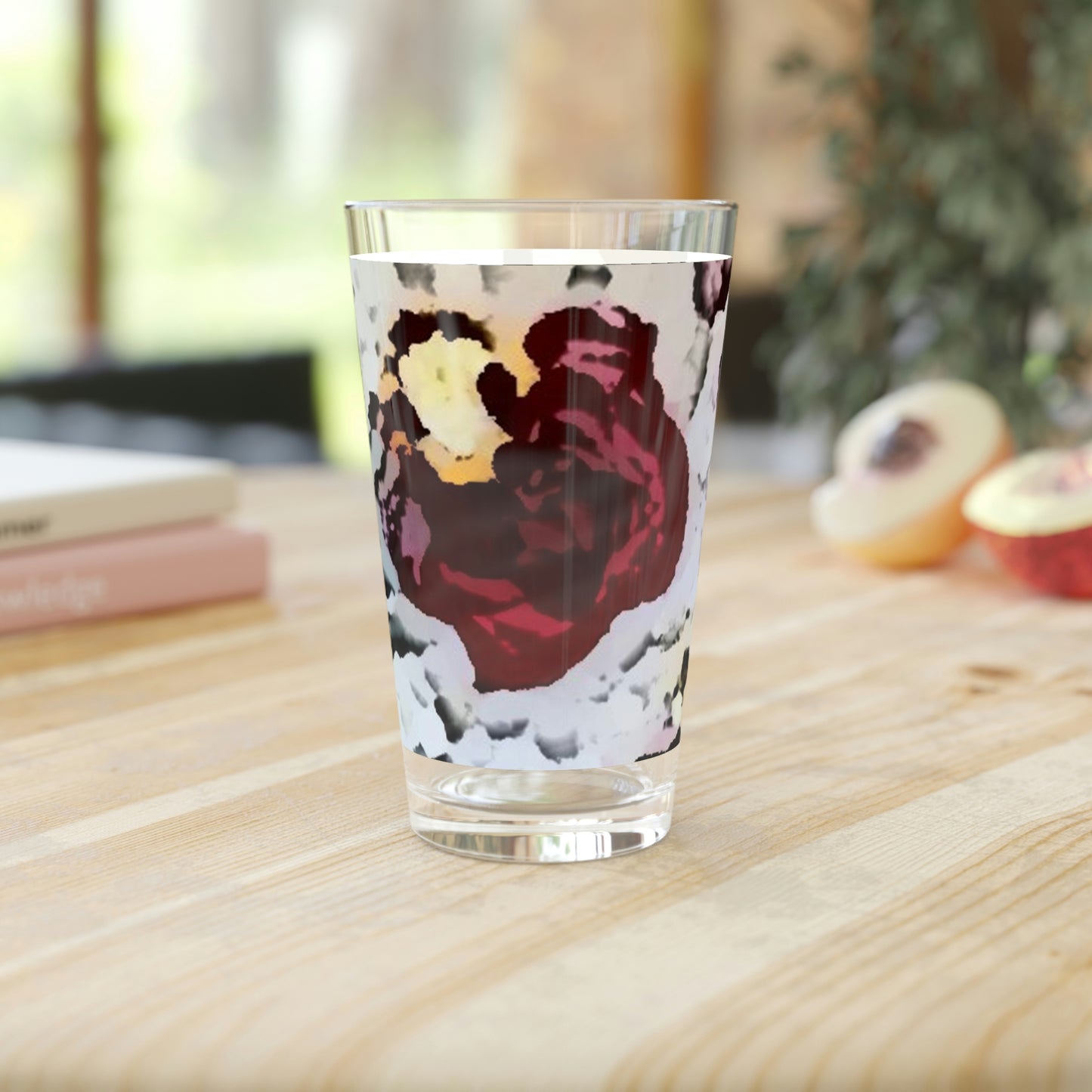 Pint Glass, 16oz ... "A Friendly Flower" ... Pointsettia 'Pointing' ... Original Works ... (Supplied Photograph) ...