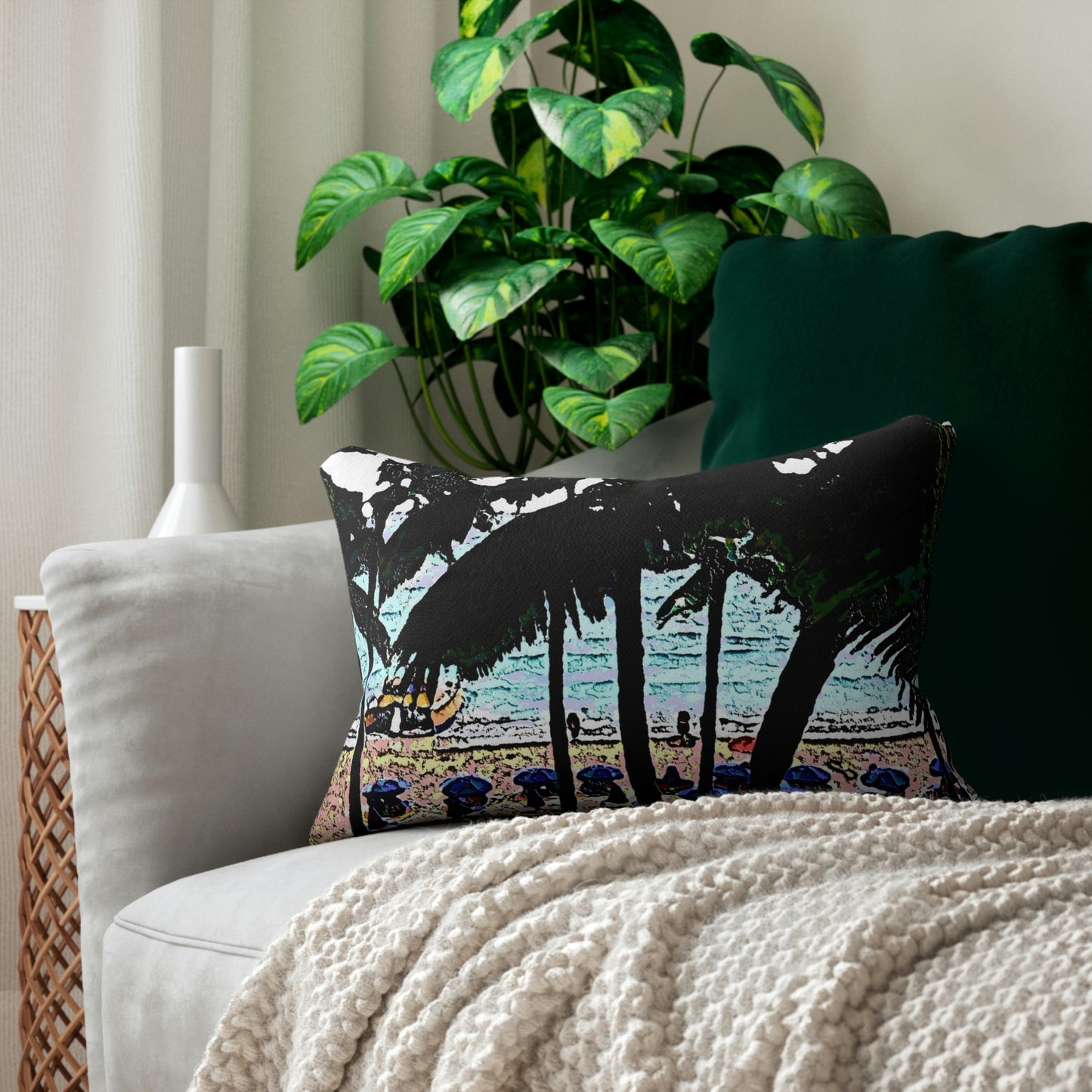 Spun Polyester Lumbar Pillow ... "A Beautiful Beach Amongst The Palms" ... The Outrigger Waikiki, Honolulu, Oahu ... Original Works ...