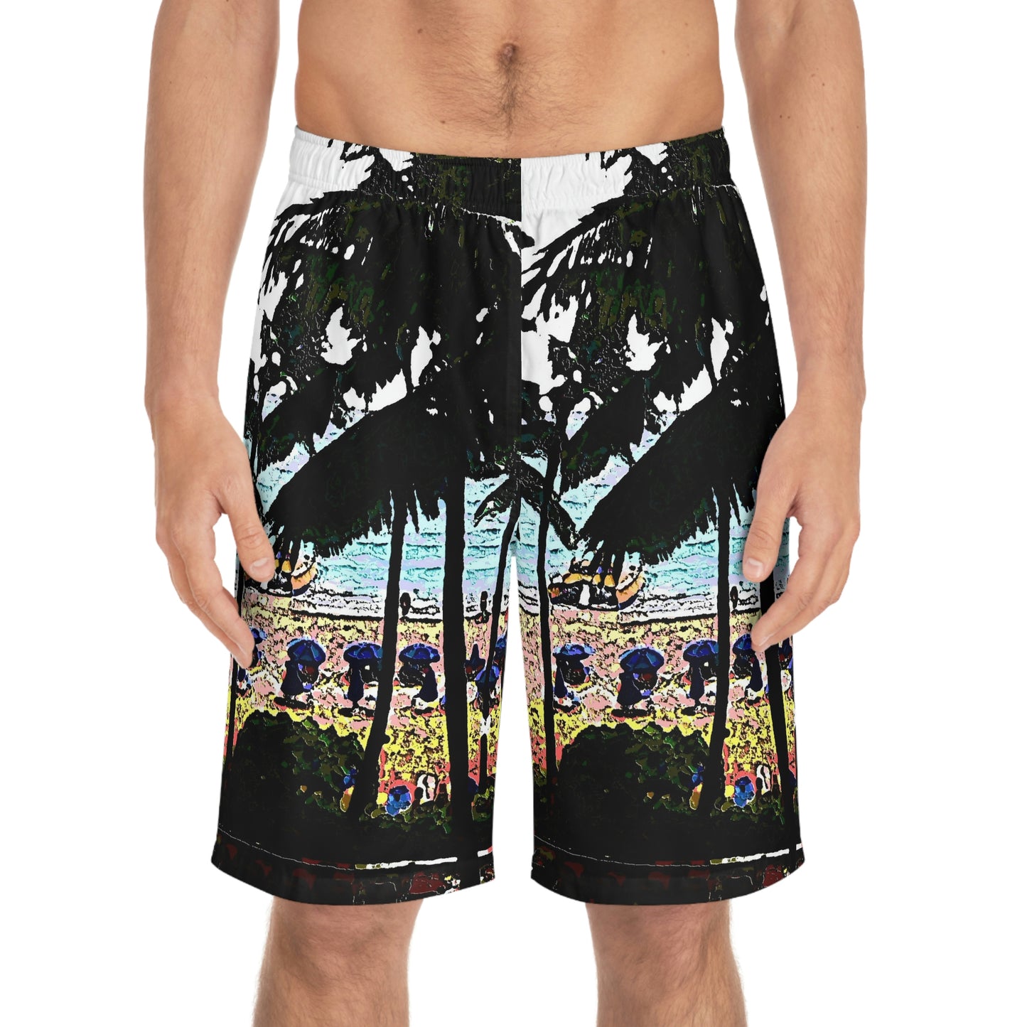 Men's Board Shorts (AOP) ...  "A Beautiful Beach Amongst The Palms" ... The Outrigger Waikiki, Honolulu, Oahu ... Original Works ...