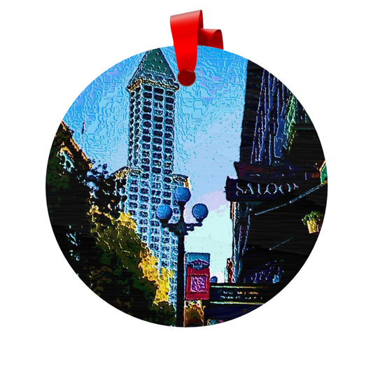 Plywood Ornaments (Round, Berlin) ...  Pioneer Square & Smith Tower ... 'That World Famous View' ... Colleague Supplied Photo ... Original Works ...
