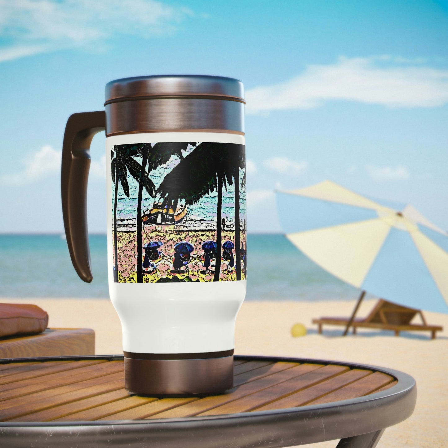 Stainless Steel Travel Mug with Handle, 14oz ... "A Beautiful Beach Amongst The Palms" ... The Outrigger Waikiki, Honolulu, Oahu ... Original Works ...