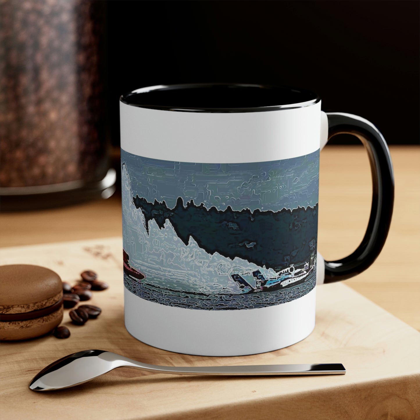 Accent Coffee Mug, 11oz ... Seattle Columbia Cup On Lake Washington ... "Dave Wilcox Heads For The Win" ... Associate Gift-Photo ... Original Works ...