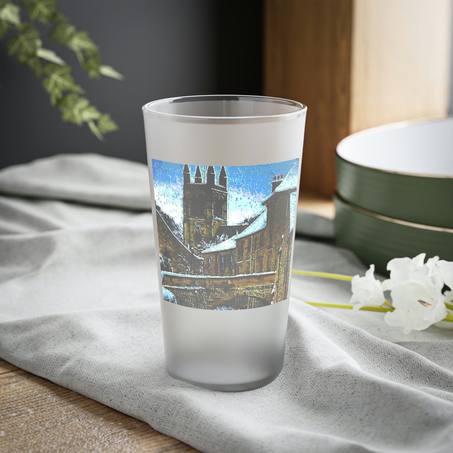 Frosted Pint Glass, 16oz ...  Walikng The Streets & Alleys ... 'Strolling The Canals ... '  ... Original Works  ...