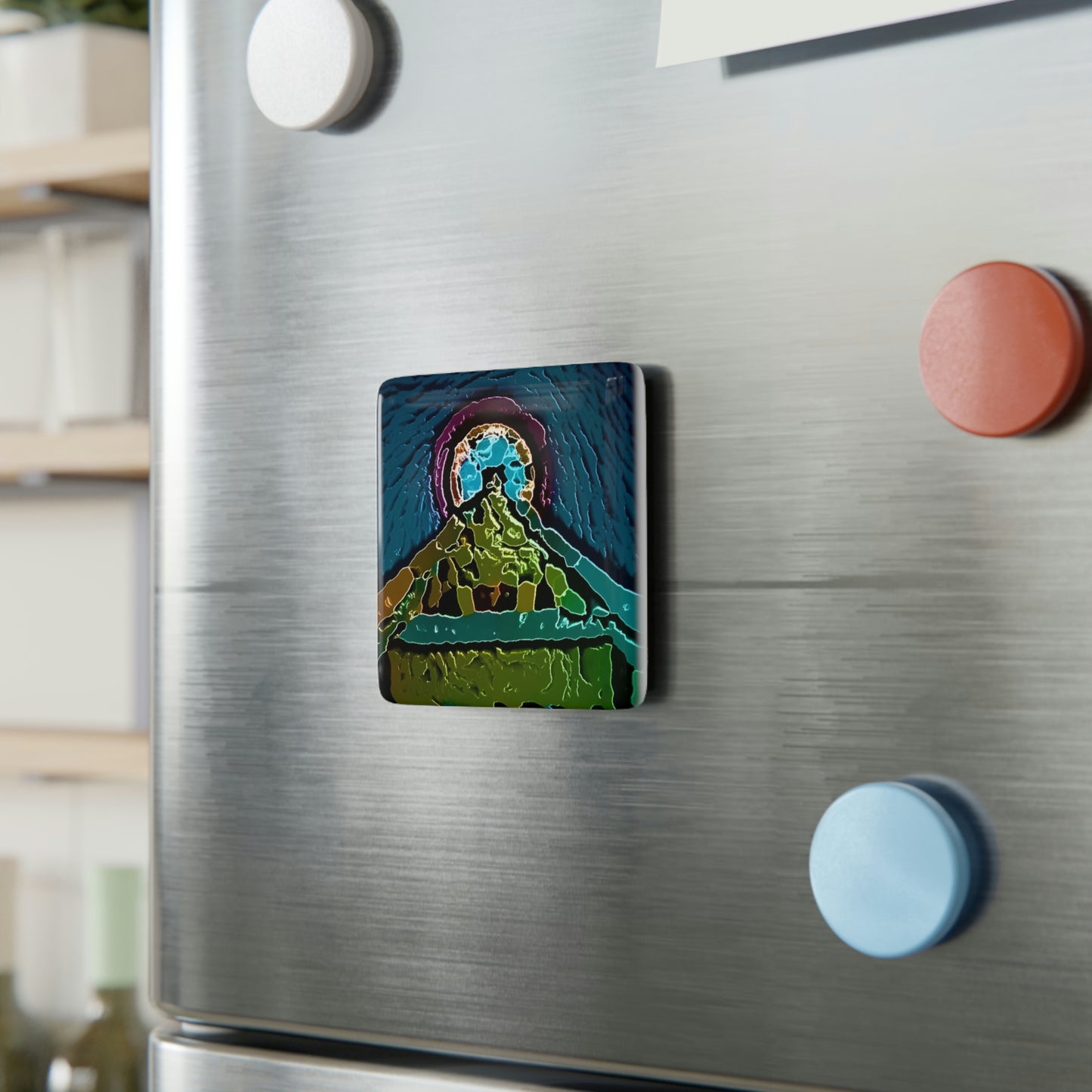 Porcelain Magnet, Square ... "Seattle's World Fair" ... Below Space Needle 'Looking Up' ... On A Very Rainy Morning (Father's Family Photo). ... Original ...