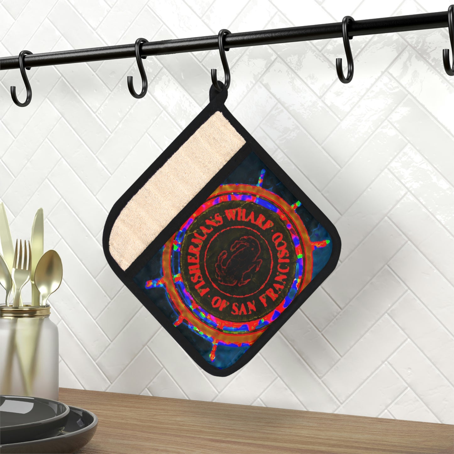 Pot Holder with Pocket ... "No.9 Fishermen's Grotto - Fishermen's Wharf, SF, California" ... Family Archives: 1970's ... Original Works ...