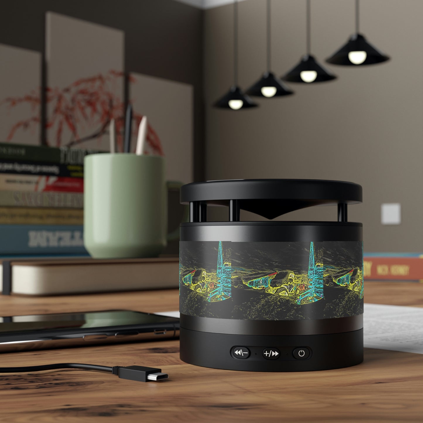 Metal Bluetooth Speaker and Wireless Charging Pad ... "Snow Vehicle In Snow Storm At-Rest" ... Circa 12Mar23 ... Central Idaho ... 18-Hours Rendering Time: Original Works ...
