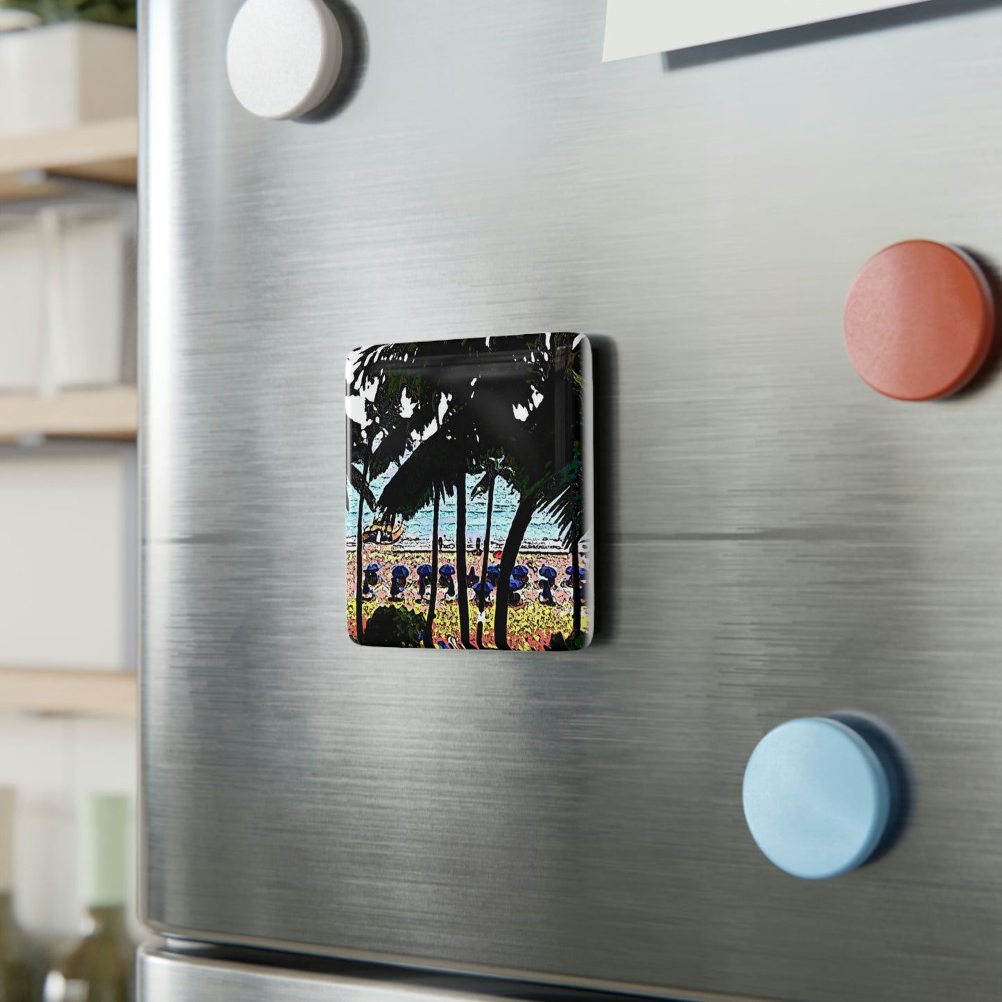 Porcelain Magnet, Square ... "A Beautiful Beach Amongst The Palms" ... The Outrigger Waikiki, Honolulu, Oahu ... Original Works ...