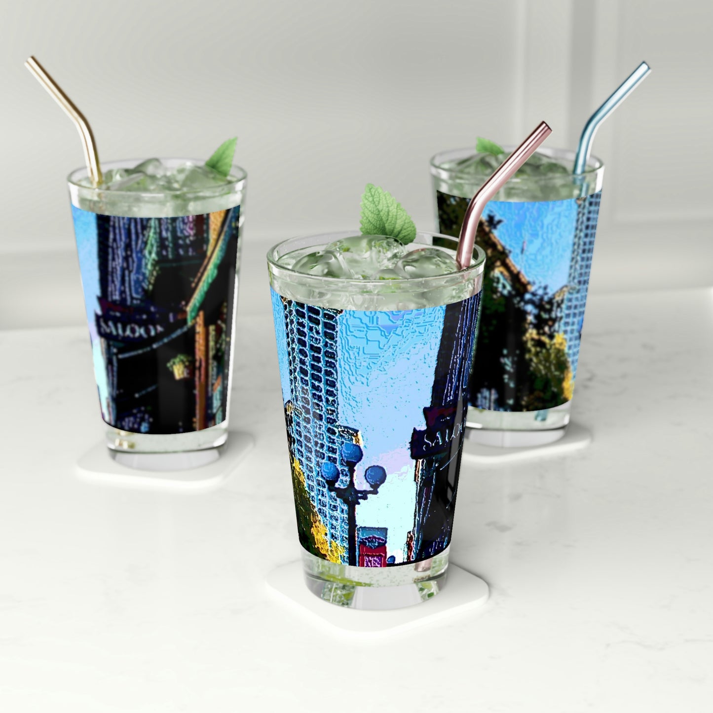 Pint Glass, 16oz ...  Pioneer Square & Smith Tower ... 'That World Famous View' ... Colleague Supplied Photo ... Original Works ...