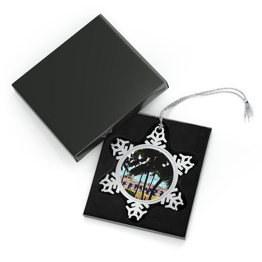Pewter Snowflake Ornament ... "A Beautiful Beach Amongst The Palms" ... The Outrigger Waikiki, Honolulu, Oahu ... Original Works ...