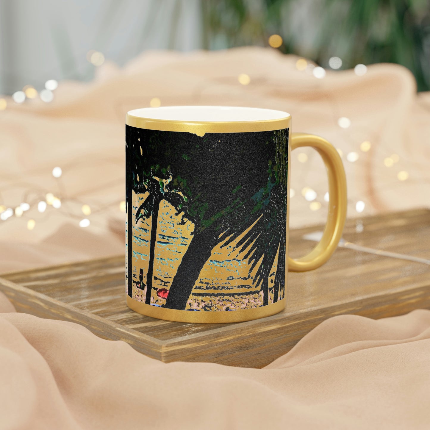 Metallic Mug (Silver\Gold) ... "A Beautiful Beach Amongst The Palms" ... The Outrigger Waikiki, Honolulu, Oahu ... Original Works ...