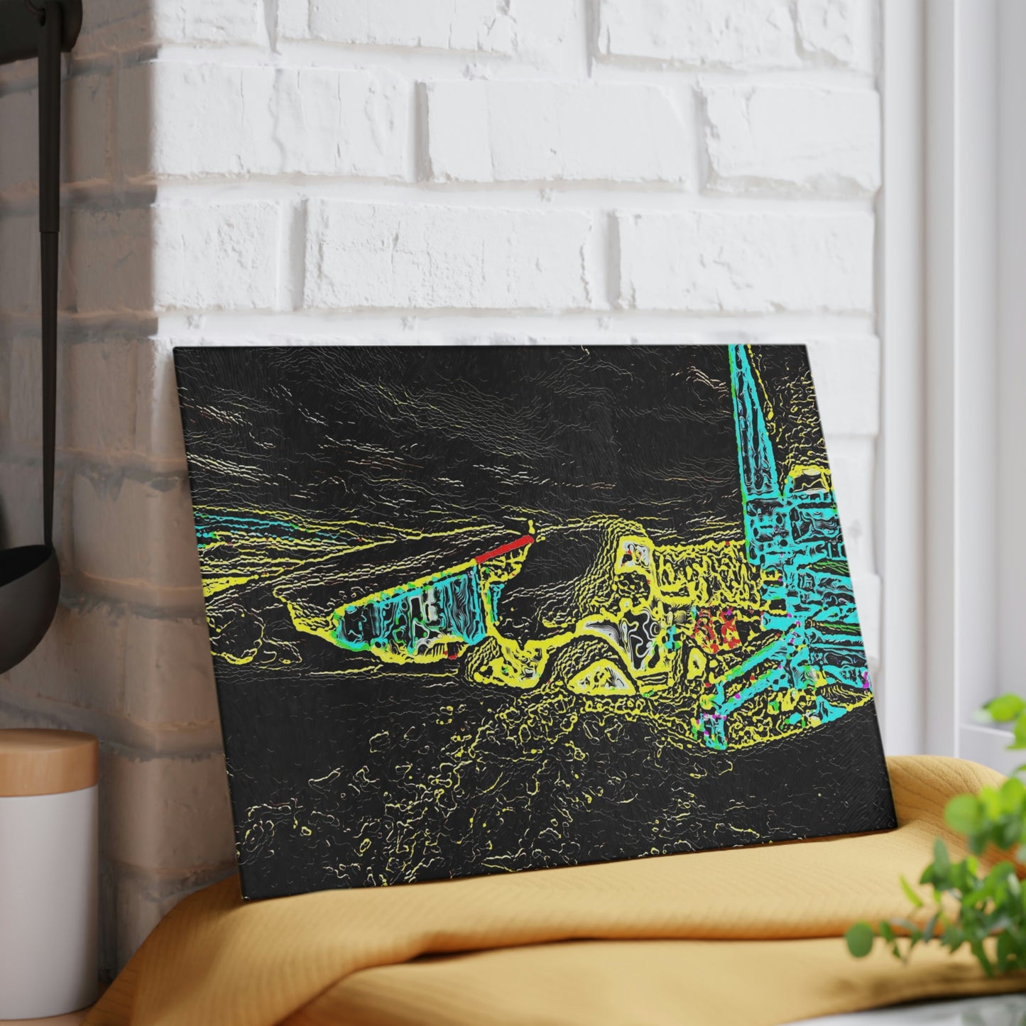 Glass Cutting Board ... "Snow Vehicle In Snow Storm At-Rest" ... Circa 12Mar23 ... Central Idaho ... 18-Hours Rendering Time: Original Works ...