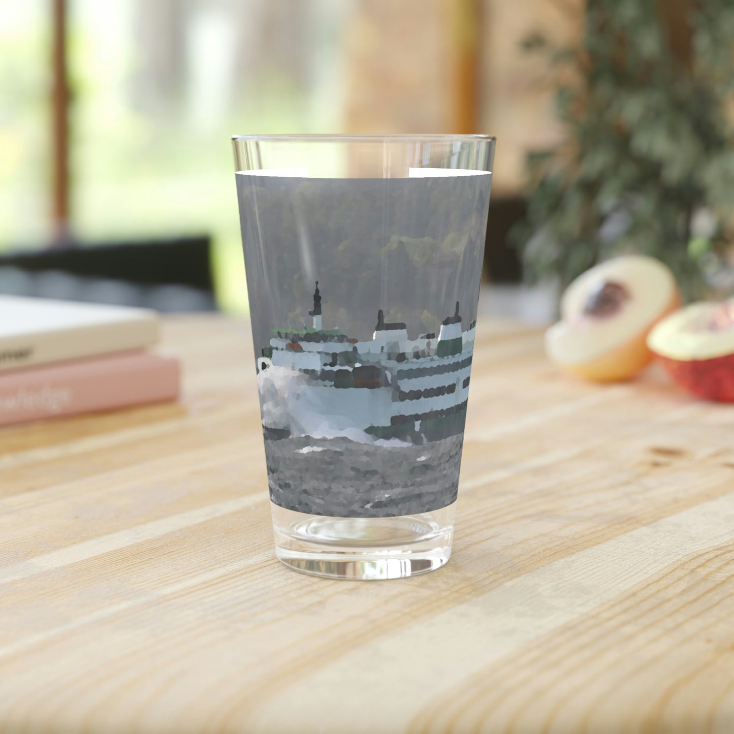 Pint Glass, 16oz ... WADOT Ferry Crossing ... "A Very Rough Day" ... Mulkiteo Route ... Family Archives ... Early 1990's' ... Original Works ...