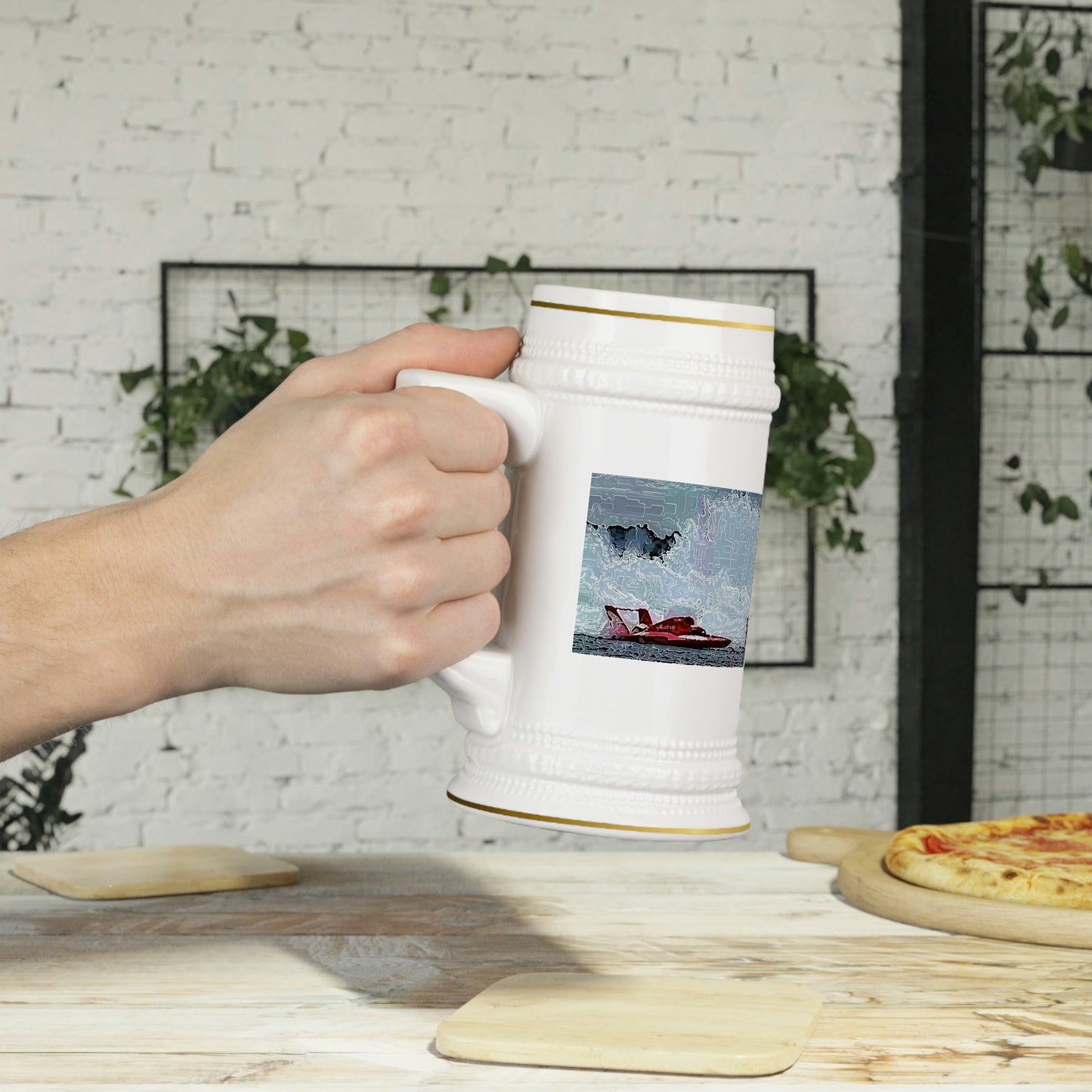 Beer Stein Mug ... Seattle Columbia Cup On Lake Washington ... "Dave Wilcox Heads For The Win" ... Associate Gift-Photo ... Original Works ...