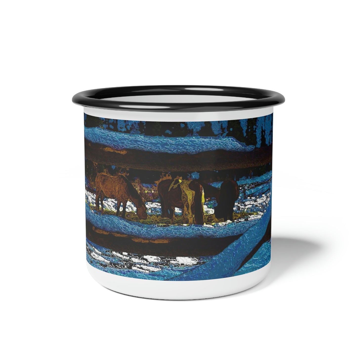 Enamel Camp Cup ... "Horses In Their Winter Corral" Dixie, Idaho
