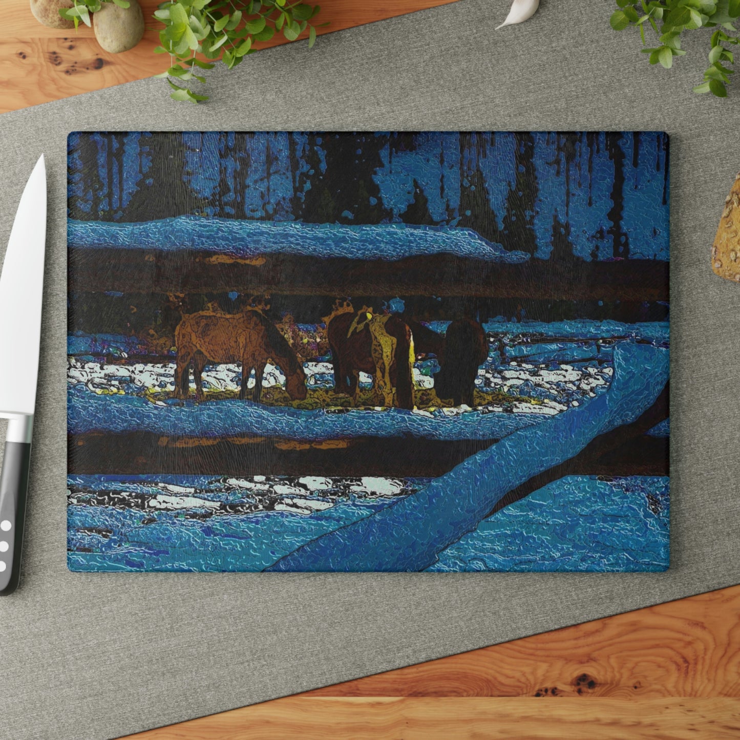Glass Cutting Board ...  A Horse ... A Saddle ...  Foraging Through The Snow ...  An_Asses 'Cry' ... Central Idaho, November 2022 ...  Original Works ..
