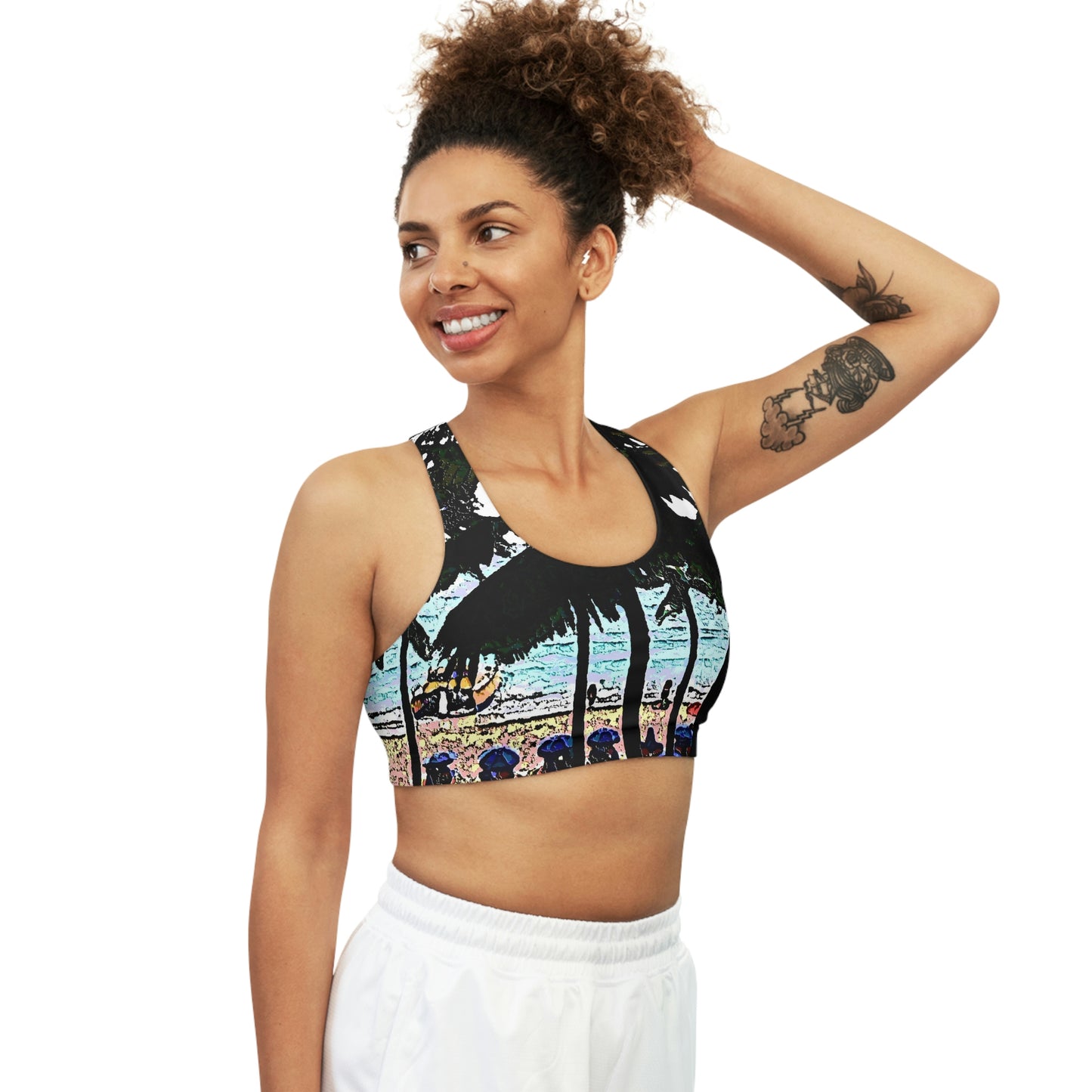Seamless Sports Bra (AOP) ...  "A Beautiful Beach Amongst The Palms" ... The Outrigger Waikiki, Honolulu, Oahu ... Original Works ...