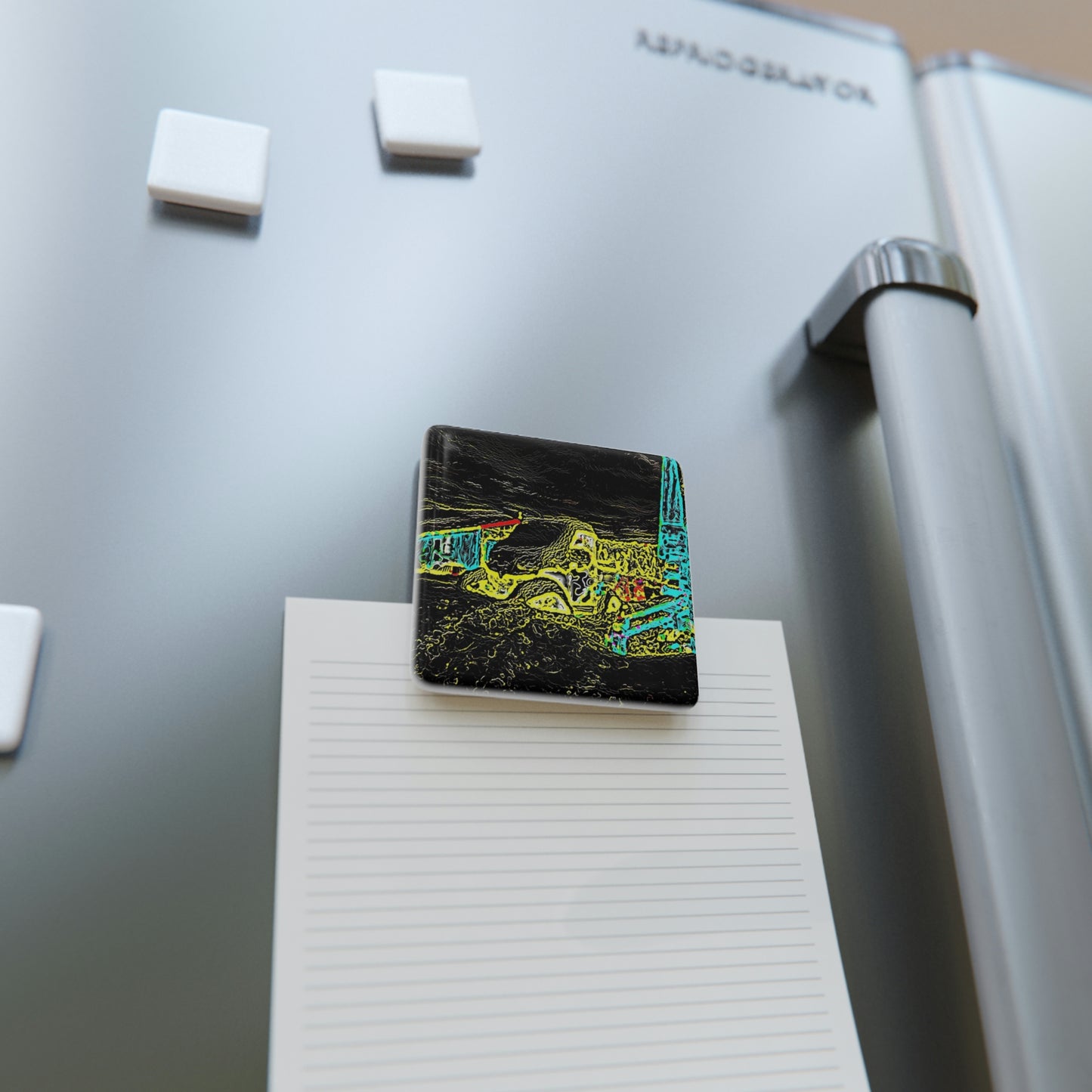 Porcelain Magnet, Square ... "Snow Vehicle In Snow Storm At-Rest" ... Circa 12Mar23 ... Central Idaho ... 18-Hours Rendering Time: Original Works ...