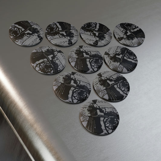 Button Magnet, Round (1 & 10 pcs) ... Dublin's "Molly Malone Along Grafton Street" ... Cryin' Cockels & Muscles Alive-Alive-Oh ... Circa 2003 ... Original Works ...