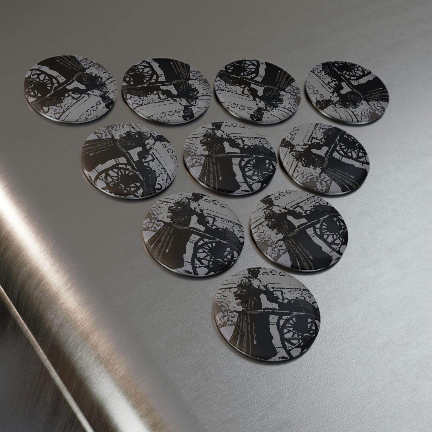 Button Magnet, Round (1 & 10 pcs) ... Dublin's "Molly Malone Along Grafton Street" ... Cryin' Cockels & Muscles Alive-Alive-Oh ... Circa 2003 ... Original Works ...