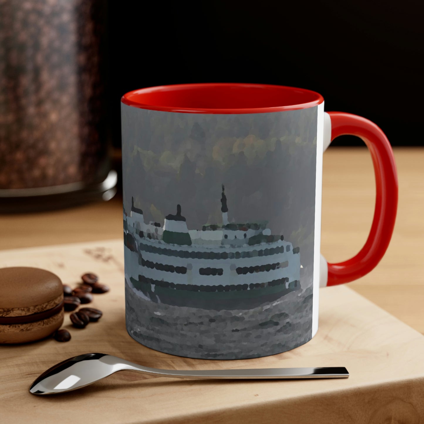 Accent Coffee Mug, 11oz ... WADOT Ferry Crossing ... "A Very Rough Day" ... Mulkiteo Route ... Family Archives ... Early 1990's' ... Original Works ...