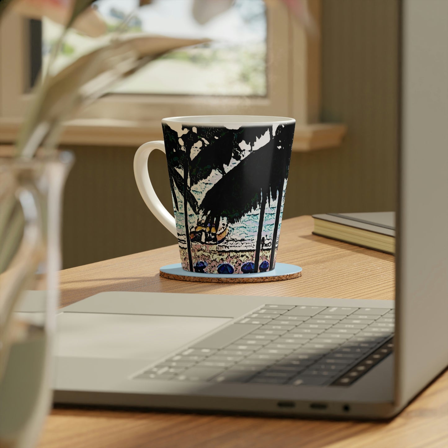Latte Mug, 12oz ... "A Beautiful Beach Amongst The Palms" ... The Outrigger Waikiki, Honolulu, Oahu ... Original Works ...