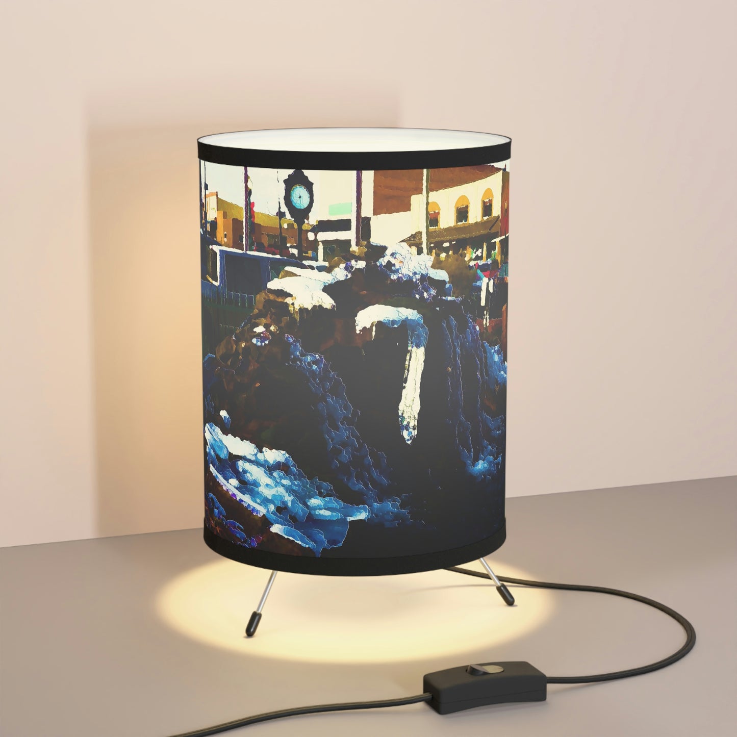 Tripod Lamp with High-Res Printed Shade, US\CA plug ...  "Ice & Water Sculpted" ... Downtown Grangeville, Idaho ... Adjacent To Irwin Pharmacy ... 5Jan23 ... Original Works ...