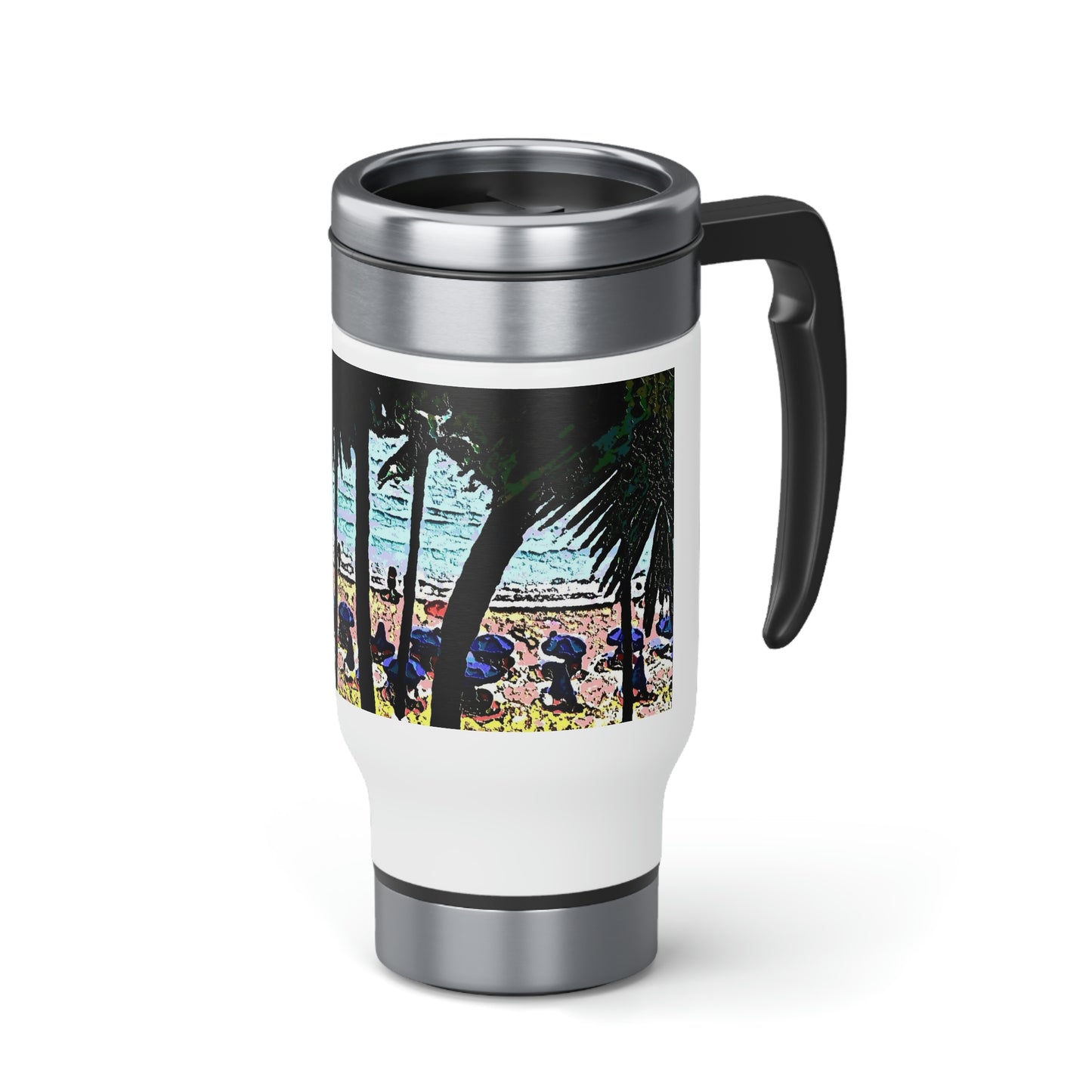 Stainless Steel Travel Mug with Handle, 14oz ... "A Beautiful Beach Amongst The Palms" ... The Outrigger Waikiki, Honolulu, Oahu ... Original Works ...