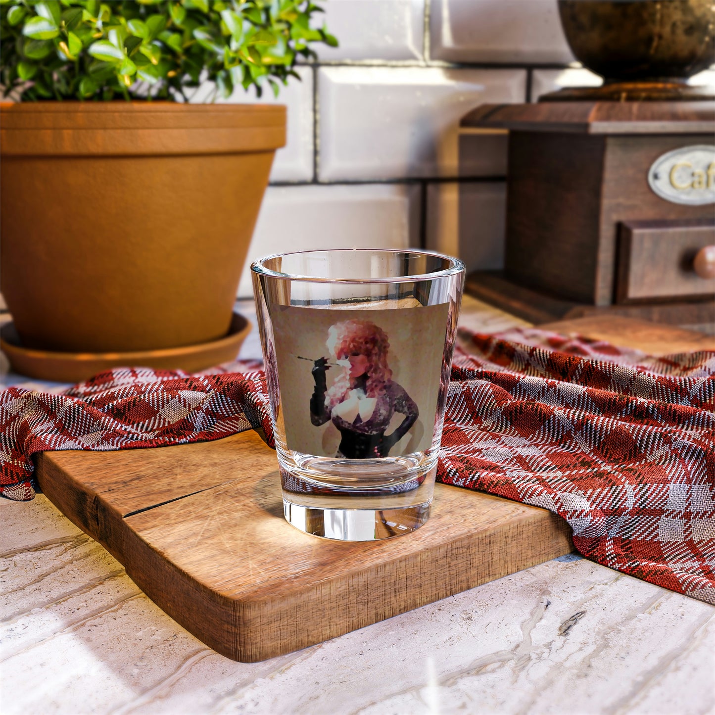 Shot Glass, 1.5oz ...  A Colleague Overseas ... 'Enjoying A Fag' ... Original Works ... "April Fools 2023" ... Hot-Tranny-Smoke ...