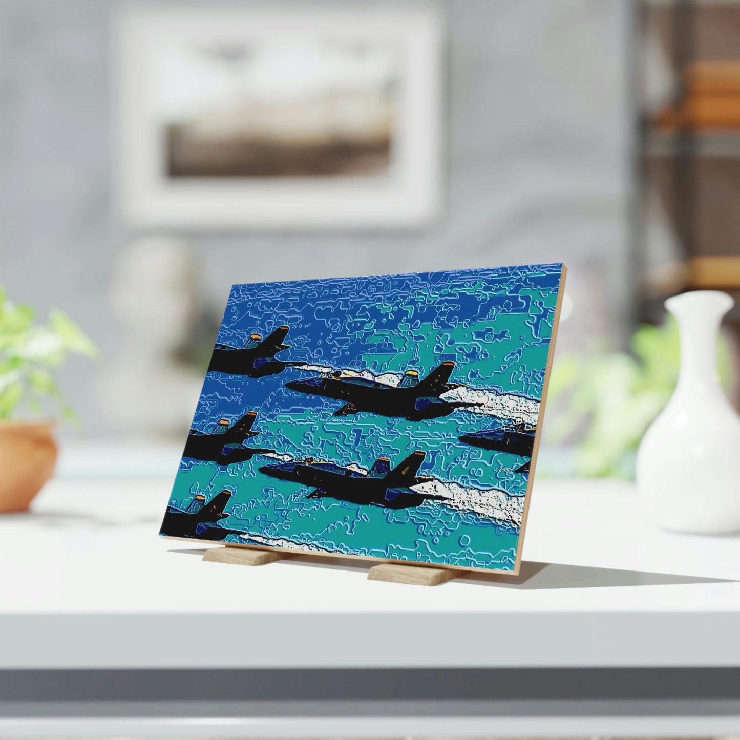 Ceramic Photo Tile ... Seattle Seafair ..."Blue Angels Run Over Lake Washington" ... Circa Mid 1980's ... Dr FJ Holt ... Original Works ...
