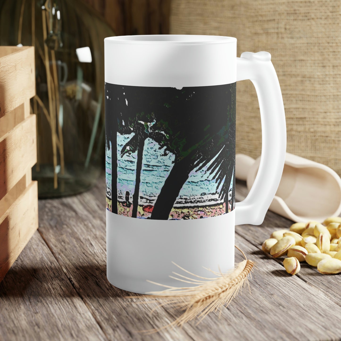 Frosted Glass Beer Mug ... "A Beautiful Beach Amongst The Palms" ... The Outrigger Waikiki, Honolulu, Oahu ... Original Works ...