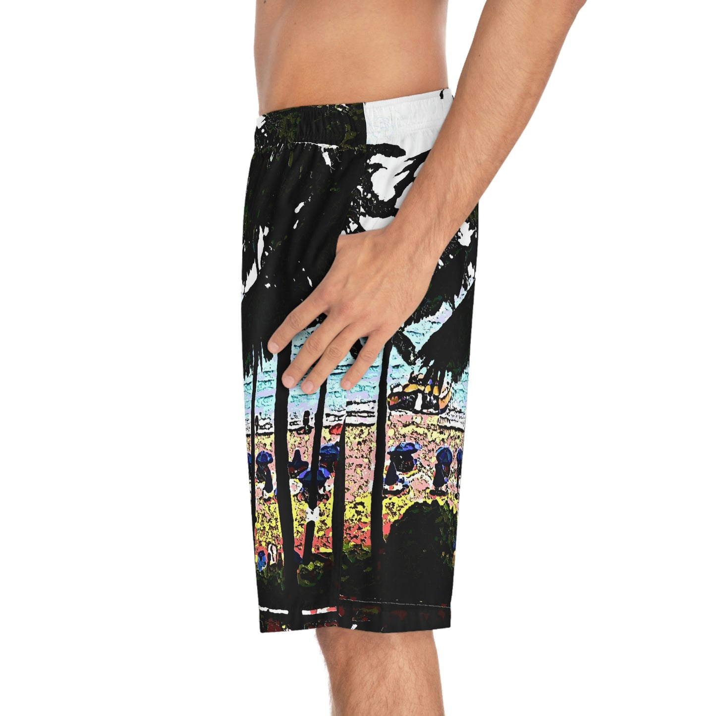 Men's Board Shorts (AOP) ...  "A Beautiful Beach Amongst The Palms" ... The Outrigger Waikiki, Honolulu, Oahu ... Original Works ...
